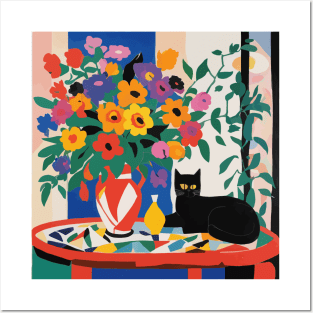 Black Cat Modern Still Life Painting Flowers in Red and White Geometric Vase Posters and Art